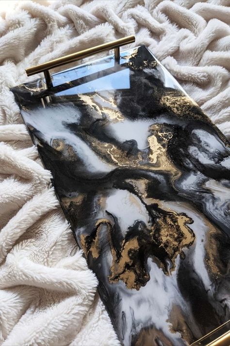 Black, white and gold marbled resin serving tray Black And Gold Resin, Resin Serving Tray, Resin Art Canvas, Marbled Resin, Learn Watercolor Painting, Handmade Gifts Diy, Black And Gold Marble, Diy Tray, Learn Watercolor