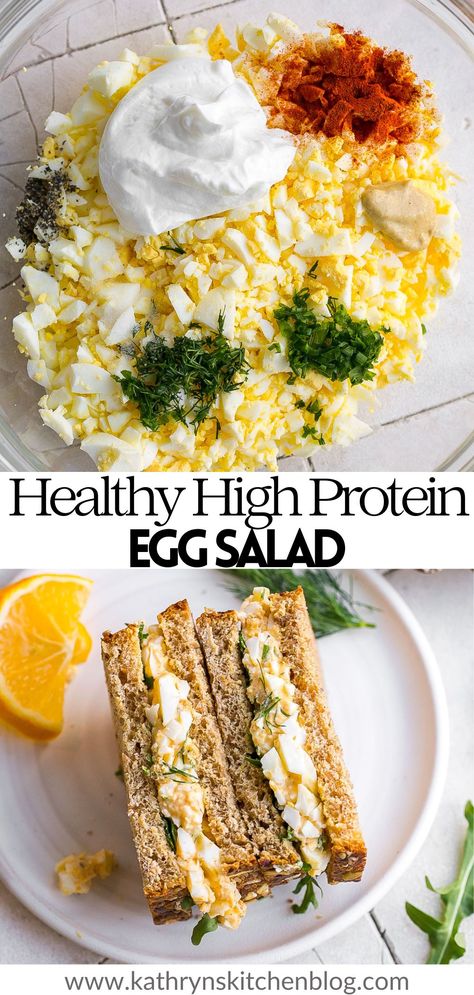 This Egg Salad with Dill is healthy, creamy, loaded with protein and perfect in a sandwich, on top of a salad, stuffed in a wrap, or use crackers to dip! Made in less than 10 minutes and can be made ahead of time so you have lunch prepped for the week to make it even easier. High Protein Egg Salad, Protein Egg Salad, Egg Salad With Dill, Fitness Snacks, Salad With Dill, Protein Egg, Healthy High Protein Meals, Healthy Lunch Meal Prep, Easy Healthy Meal Prep