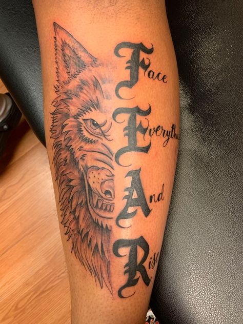 Wolf tattoo with quote on leg Lone Wolf Tattoo Design, Warrior With Wolf Tattoo, Wolf Tattoo Quotes, Lone Wolf Tattoo Men, Wolf Calf Tattoo Men, Loyalty Tattoo For Men, Lone Wolf Tattoo For Women, Wolf Warrior Tattoo, Alpha Wolf Tattoo Men