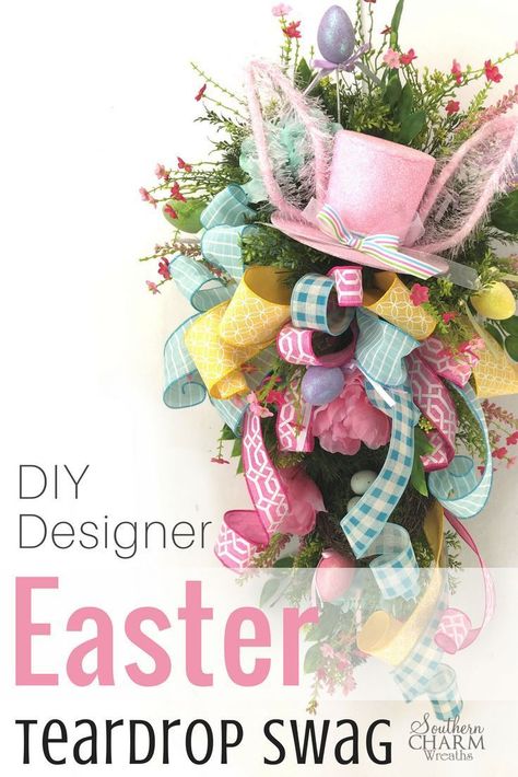 If you're looking for a wreath alternative for Easter, look no further. This designer Easter Teardrop Swag tutorial will give your door a designer look without the designer price tag! Julie shows you how to use a Christmas evergreen swag to make a spring Easter Crafts To Sell, Evergreen Swag, Easter Swags, Easter Mesh Wreaths, Wreath Alternative, Teardrop Swag, Easter Wreath Diy, Gubahan Bunga, Door Swag