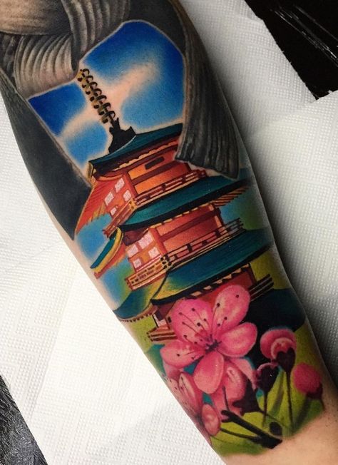 Japanese Temple Tattoos: Meanings, Symbolism & More Japanese Temple Tattoo, Samurai Tattoo Sleeve, Temple Tattoo, Around Arm Tattoo, Japanese Buddhism, Black Art Tattoo, Wrist Tattoo Ideas, Japan Temple, Japanese Pagoda