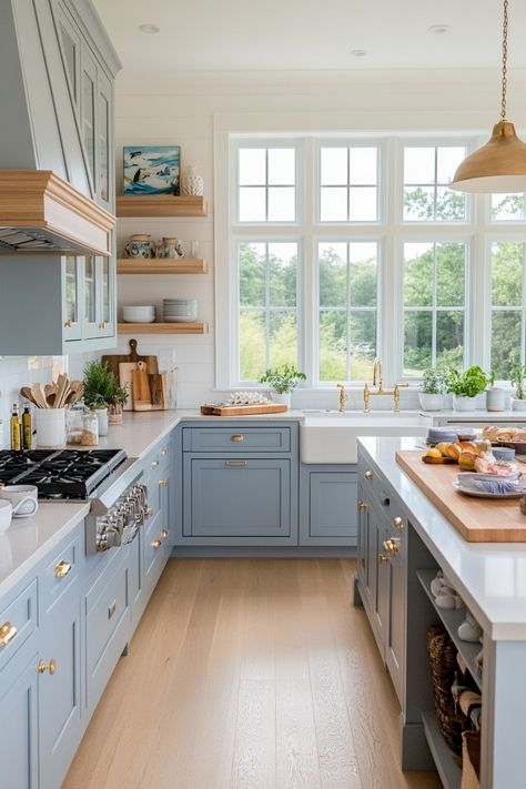 15 Blue Kitchen Cabinet Ideas for a Stunning Transformation – Everyday Inspo Kitchen Ideas White And Blue, Farmhouse Kitchen Blue And White, Duck Egg Blue Cabinets, Blue Lower Kitchen Cabinets White Upper, Kitchen Blue Cabinets White Counter, Baby Blue Cabinets Kitchen, Dusty Blue Cabinets, Blue Galley Kitchen, Dusty Blue Kitchen Cabinets