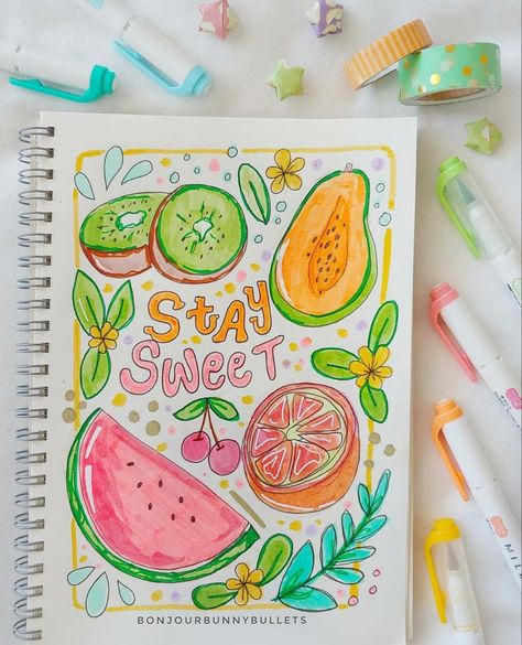 Fruits Aesthetic Drawing, Summer Sketchbook Ideas, Fruit Aesthetic Drawing, Summer Bujo Themes, Aesthetic Summer Drawings, Summer Drawing Ideas Creative, Summer Drawings Aesthetic, Pinterest Sign, Collection Journal