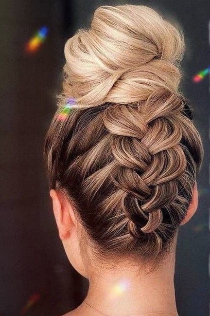 2023 Summer Braided Hairstyles for Long Hair: Top Trends and Tips - women-club.online Upside Down Braid Into Bun, Bun Plait Hairstyles, Wedding Hairstyles Braid Bun, Underbraid Bun, Upside Down Braided Hairstyles, Updos With Braids For Long Hair, Cool French Braids, Upside Down Braid Updo, Dance Hairstyles Updo