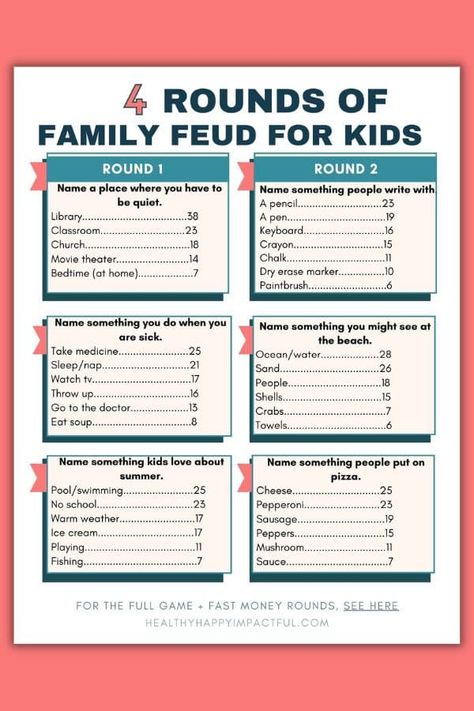 Family Feud Game Diy, Kids Jeopardy Game Questions, Family Vacation Fun Games, Family Reunion Jeopardy Questions, Vacation Games For Families, Family Vacation Games Activities, Family Feud At Home, Name 5 Things Game Questions, Pyramid Game Show Questions