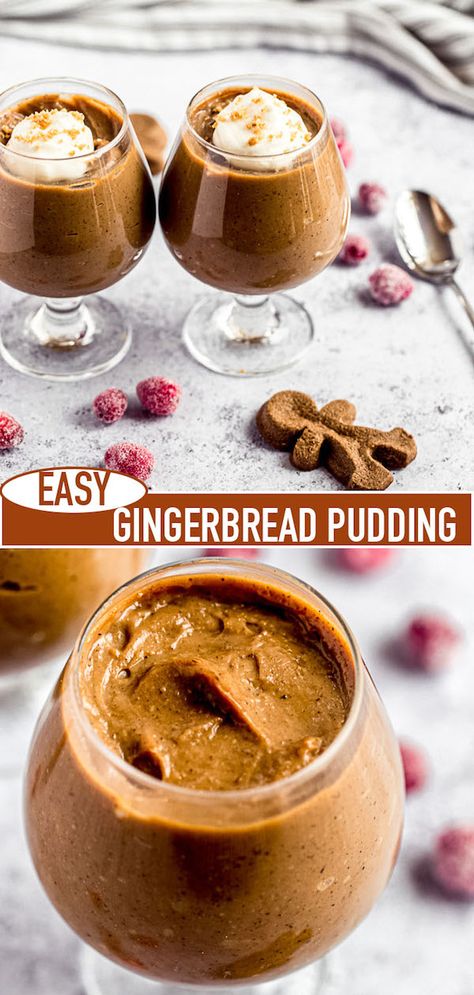 Enjoy the holidays in a glass. This easy Gingerbread Pudding is super smooth and rich with a strong gingerbread flavour. Top it off with a dollop of eggnog whipped cream for the perfect Christmas treat! | queensleeappetit.com #christmas #gingerbread #pudding Christmas Pudding Recipes Easy, Christmas Pudding Ideas, Ginger Bread Pudding, Christmas Pudding Desserts, Eggnog Pudding Recipe, Gingerbread Mousse, Ginger Pudding Recipe, Easy Christmas Pudding, Eggnog Whipped Cream