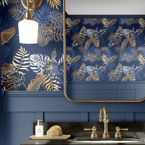 Looking for Tropical Leaves Wallpaper? Our high quality Tropical Peel and Stick Wallpaper by CostaCover will transform your interior ✔️Easy to install and remove ✔️Custom Designs Half Bath Wallpaper And Wainscoting, Wallpaper Bathroom Navy, Navy Blue Small Bathroom Ideas, Navy And Wood Bathroom, Navy Bathroom Wallpaper, Blue Powder Room Wallpaper, Navy And Yellow Bathroom, Green Accent Wall Bathroom, Blue And Black Bathroom