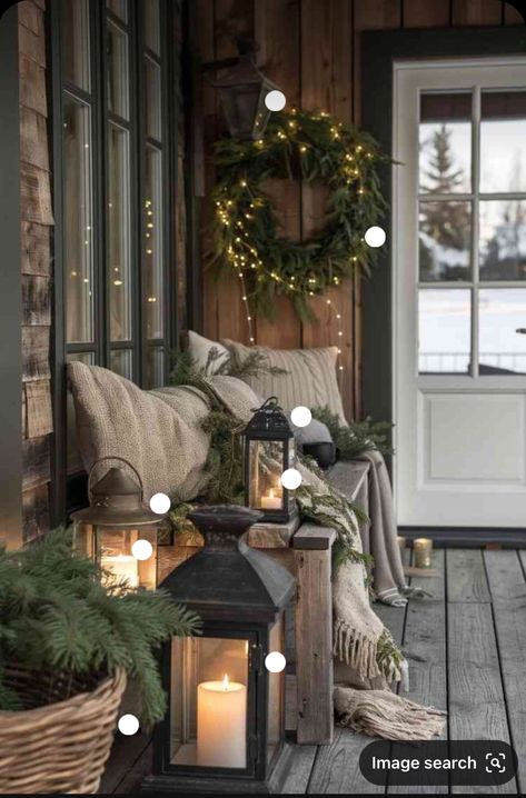 Rustic Patio Decorating Ideas Country Living, Small Front Porch Winter Decor Ideas, Moody Front Porch, Outdoor Entrance Decor, Christmas Sunroom, Industrial Patio, Woodland Farmhouse, Small Porch Decorating Ideas, Small Front Porch Decor