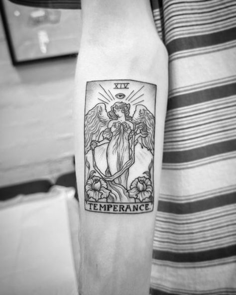 Temperance Tarot Tattoo Simple, The Temperance Tarot Tattoo, Angel Tarot Card Tattoo, Tarot Card Temperance Tattoo, Temperance Card Tattoo, Tarot Card Tattoo Forearm, Temperance Tattoo Ideas, Temperance Tarot Tattoo, The Magician Tarot Tattoo