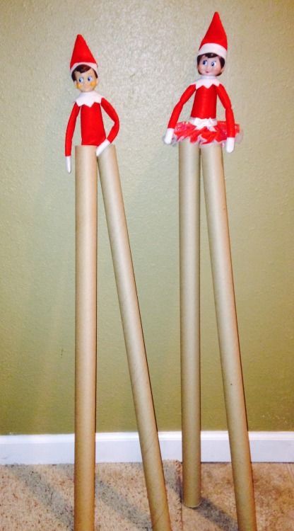 Elf on the Shelf Stilts Chippy and candy are walking high on wrapping paper stilts ( via Bloglovin.com ) Elf On The Shelves, To Do App, Awesome Elf On The Shelf Ideas, Elf Magic, Xmas Elf, Elf Antics, Elf Fun, Buddy The Elf, Elf On The Shelf Ideas