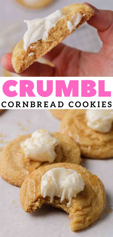 Crumble Cornbread Cookie, Cornbread Crumble Cookie Recipe, Cornbread Cookies Jiffy, Crumbl Cornbread Cookie Recipe, Cornbread Cookies Crumbl, Cornbread Cookies, Cornmeal Cookies, Honey Buttercream, Crumble Cookie Recipe