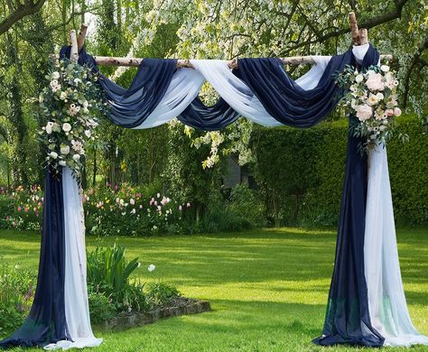 Photo Backdrop Party, Decorations Wedding Reception, Wedding Arch Draping, Arch Draping, Wedding Ceremony Ideas, Draping Fabric, Blue And White Fabric, Blue Themed Wedding, Warm Home