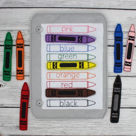 This cute crayon color match busy book page is sure to keep your child entertained for hours! Match up the colored crayons with the colored outlines on the page! The pieces tuck away in the pocket on the back when you are done playing.  Perfect for road trips, doctors office waiting rooms, airplanes, trains or anytime your little one needs something to keep him or her busy!  Pages are approximately 6 1/2 x 9 inches. Please leave me a note at checkout and let me know what color felt you would lik Felt Activity Book, Diy Quiet Books, Quiet Book Patterns, Toddler Quiet Book, Quiet Activities, Felt Books, Felt Book, Busy Bags, Hanukkah Gifts