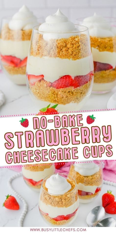 Looking for quick no bake desserts, treats or sweet snack ideas? Here’s the best no-bake strawberry cheesecake recipe! A sweet yummy cheesecake recipe with crushed graham crackers, cream cheese filling, fresh strawberries & optional cool whip topping. Homemade cheesecake cups & strawberry parfait recipe, delicious after dinner ideas or sweet after school snacks. Fun cheesecake with strawberries, no bake cooking with kids at home or school. DIY easy strawberry desserts, kids party food Strawberry Dessert Cups Ideas, Easy Dessert Parfait Recipes, Strawberry And Cool Whip Dessert, Easy Dessert Parfait, Vanilla Dessert Shells Ideas, Diy Cheesecake Cups, Strawberry Cheesecake Parfait Cups, No Cook Snacks For Kids To Make, Strawberry Shortcake Cheesecake Cups