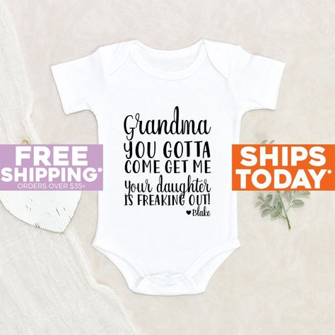 "New Grandma Gift Grandma You Gotta Come Get Me Personalized Name Baby Onesie® Grandma Baby Clothes Baby Shower Gift Cute Funny Baby Onesie® Our amazing and cutest personalized Grandma You Gotta Come Get Me Personalized Name Baby Onesie® is 100% cotton, designed, printed and pressed. Perfect for your cute little ones that you can buy on Etsy! Onesies® are printed on Gerber organic. These tend to run small so we recommend sizing up. All of our leahdecorations clothing are 100% organic ultra-soft Grandma Onesies, Grandma Onesie, Come Get Me, Shower Appetizers, Spoiled Baby, Onesie Ideas, New Grandma Gift, Funny Baby Onesie, Gerber Organic