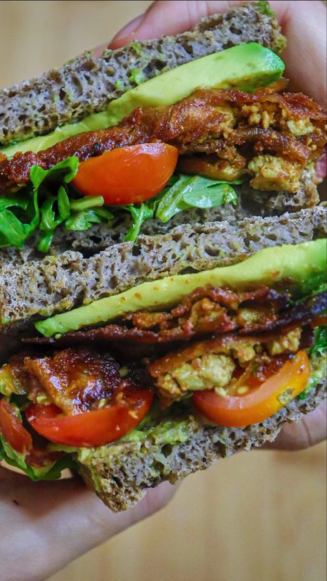 This photo is of a stacked sandwich with vegan bacon, arugula, cherry tomatoes, avocado mayo and fresh avocado slices on toasted gluten free bread Pumfu Recipes, Blt Recipe, Vegan Blt, Vegan Blt Sandwich, Blt Recipes, Best Sandwiches, Whole Food Plant Based, Soy Free Recipes, Vegan Bacon