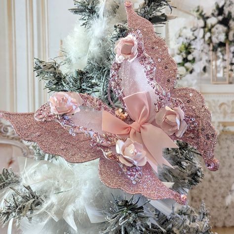 Pink Feather Christmas Tree, Butterfly Christmas Tree, Pink And Gold Christmas, Rag Bows, Lenox Christmas Ornaments, Butterfly Christmas, Christmas Princess, Picture Frame Ornaments, Train Ornament