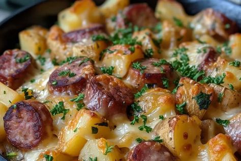 Cheese Potato and Smoked Sausage Casserole Smoked Sausage Potatoes And Cream Of Mushroom Soup, Potato And Smoked Sausage Casserole, Smoked Sausage And Potatoes, Smoked Sausage And Potato Recipe, Smoked Sausage Casserole, Summer Sausage Recipes, Sausage Potato Casserole, Cheesy Ranch Potatoes, Herb Butter Recipe