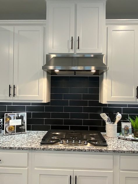 White Kitchen Cabinets With Black Backsplash, Black Backsplash White Cabinets, Black Backsplash Kitchen White Cabinets, White Cabinets Black Backsplash, Grey Backsplash Kitchen, Newest Ideas, Black And Grey Kitchen, White Kitchen Floor, White Tile Kitchen Floor