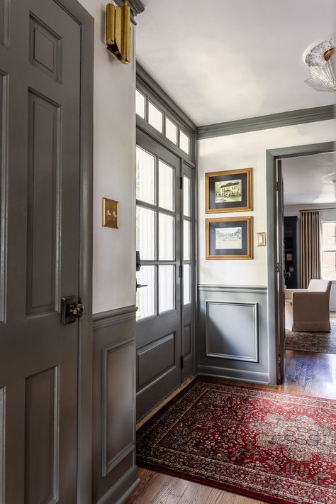 Foyer Decorating Ideas to Refresh for $300 or Less Foyer Wainscoting Entryway, Painted Doors And Trim, Foyer Decorating Ideas, Gel Stain Furniture, Painted Stair Risers, Traditional Contemporary Home, Foyer Colors, Diy Stairs Makeover, Trim Paint Color