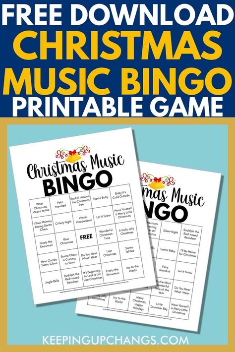 Free CHRISTMAS MUSIC BINGO game card printables in 4 variations or versions. Use with Spotify playlist of hit Christmas songs, hymns like Mariah Carey, Michael Buble, Frank Sinatra, Bing Crosby, Jingle Bell Rock, Santa Baby, I'll Be Home for Christmas, Winter Wonderland, Let it Snow, Santa Claus, Frosty the Snowman, Rudolph Reindeer, Silent Night Holy Night, Feliz Navidad, Joy to the World and more. Christmas Music Bingo Free Printable, Christmas Song Bingo Free Printable, Musical Bingo Free Printable, Christmas Music Bingo, Music Bingo Free Printable, Free Christmas Bingo, Bingo Printable Free, Free Christmas Music, Christmas Music Activities