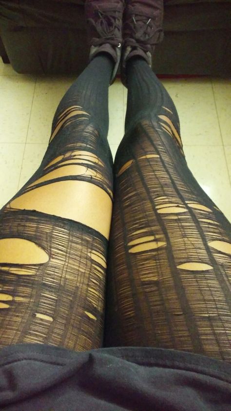 Ripped tights Ripped Thigh Highs, Skinned Knees Aesthetic, Fishnet Stockings Outfit Aesthetic, Ripped Tights Aesthetic, Emo Tights, Cockroach Costume, Distressed Tights, Ripped Tights Outfit, Ripped Socks