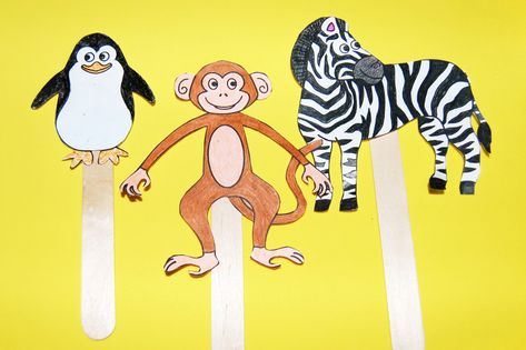 Zoo Animal Stick Puppets | Kids' Crafts | Fun Craft Ideas | FirstPalette.com Zoo Snacks, Animal Stick Puppets, Amazon Rainforest Animals, Lds Nursery, Stick Puppet, Kid Printables, Printable Animal Masks, March Lessons, Savanna Animals