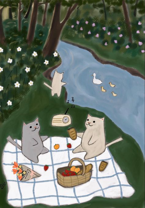 Art Mignon, The Picnic, Mia 3, Cute Patterns Wallpaper, Cute Animal Drawings, Cute Images, Funky Art, Cat Drawing, Cute Cartoon Wallpapers