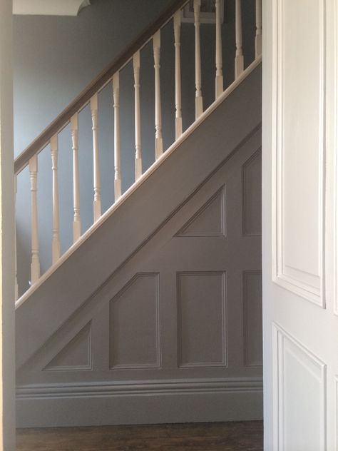 panelling in Farrow & Ball 'plummett'. Stairs in 'all white' Coloured Bannister, Banister Remodel, Painted Staircase, Stairs Trim, London Stone, Stair Paneling, Hall Stairs, Painted Staircases, Stair Banister