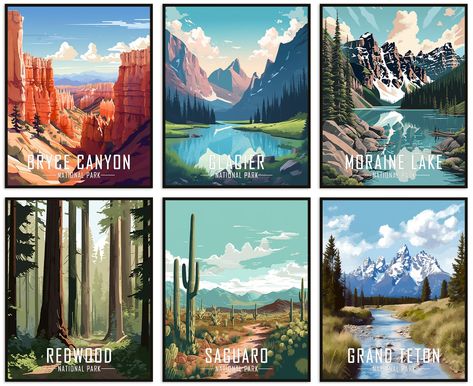 PRICES MAY VARY. QUALITY PRINTS: National park poster set is printed on 100% new and premium quality 350gsm glossy paper with surface coated for a durable,waterproof ,cleanable. It is printed in a high-tech digital printing machine which makes our prints fade-resistant.The inks used in production are 100% nature friendly. National park poster set can be used in all living spaces with peace of mind. READY TO FRAME: Please note that these national park wall art set of 6 do not come with frames. Pl National Park Nursery, Vintage National Park Posters, Vintage National Park, Rug Tufting, National Park Art, Digital Printing Machine, Room Baby, Nature Friendly, Nursery Playroom