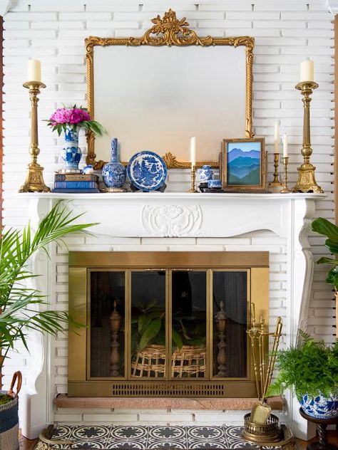 Southern Mantle Decor, Fireplace Mantle With Candlesticks, Formal Fireplace Mantle Decor, Mantle Decorating Ideas Vintage, Beautiful Mantle Decor, Lamps On A Mantle, Oval Mirror Fireplace, Classic Mantel Decor, Lamps On Mantles Fireplaces