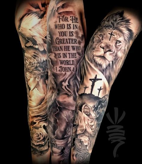 Religious Tattoo Sleeves, Tattoo Bras Homme, Scripture Tattoos, Biblical Tattoos, Christian Sleeve Tattoo, Bible Tattoos, Back Of Shoulder Tattoo, Tattoo Inspiration Men, Religious Tattoo