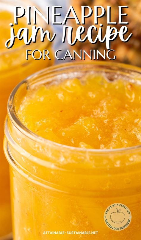 This small batch recipe for homemade pineapple jam results in a delicious tropical fruit spread perfect for spreading on toast. It calls for just three ingredients and is a great way to capture the flavor of sweet ripe pineapple in a jar. #canningrecipes #masterfoodpreserver Small Batch Jam, Canning Pineapple, Preserve Recipes, Pineapple Jam Recipe, Jam Preserves, Canning Jams, Canning Jam Recipes, Pineapple Syrup, Fruit Spread