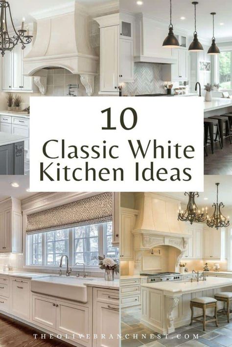 classic white kitchen White Neutral Kitchen Ideas, French Chic Kitchen, Neo Classical Kitchen Design, White Cabinets White Subway Tile, Elegant Kitchen Ideas, Kitchen Ideas Classic, All White Kitchens, Clean White Kitchen, Off White Kitchen Cabinets