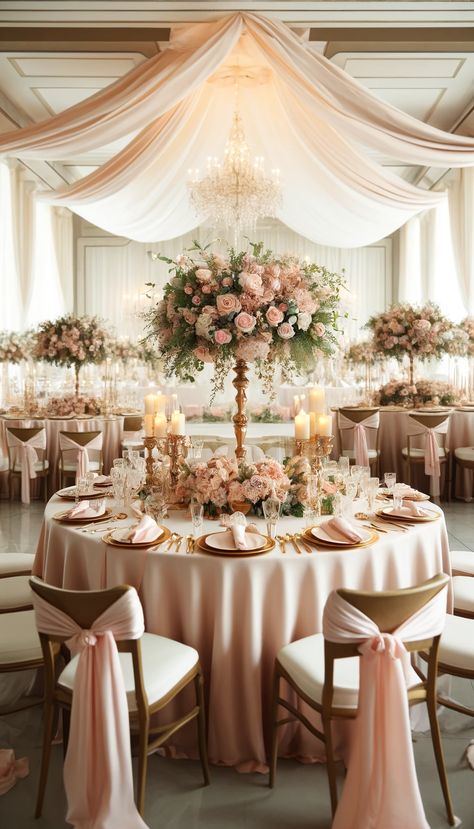 21 Stunning Wedding Decoration Ideas You Absolutely Must See! 💍✨ Pink Centrepiece Wedding, Pink White Champagne Wedding, Rose Gold Wedding Theme Centerpieces Receptions Blush Pink, Dusty Pink Wedding Reception, Royal Wedding Table Decor, Pink Rose Wedding Theme, Royal Wedding Theme Decorations, Wedding Candelabra Centerpiece, Head Table Wedding Decorations Elegant