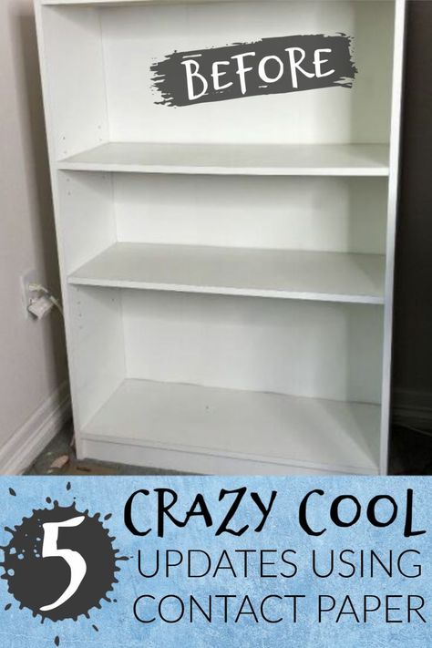 Cheap Bookshelf Makeover Diy, Upcycle Small Bookshelf, Bookshelf Repurpose Ideas, Contact Paper Bookcase, Shelf Redo Diy, Bookcase Redo Ideas, Refurbished Bookcase Ideas, Contact Paper Ideas Furniture, Contact Paper Shelf Makeover