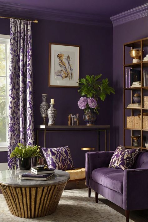 Step into a regal realm with Majestic Purple (SW 6545), the best wall paint color in 2024 for a touch of royal amethyst opulence in your daily interior designer routine. #Ad #homedecor #homedesign #trendgirlApartment #Painthome #interiorarchitecture Wall Colors Green Room Colors Bright Room office Colors Apartment Renovation Home office Remodeling Modern Paint Colors 2024 Jewel Tone Purple Paint, Purple Wall Interior, Purple Sitting Room Ideas, Brown And Purple Living Room Ideas, Royal Paints Living Rooms, Dark Purple Interior Paint, Majestic Purple Sherwin Williams, Dark Purple Walls Living Room, Blue Purple Wall Paint