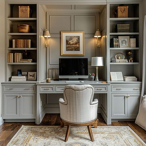 Home Office With Two Bookcases, Office Ideas With Built In Shelves, Home Office Waynes Coating, Classic Home Office Ideas, Office Interior Design Built In, Classy Study Room, Built In Desk In Office, Old Home Office, Built In Bookshelves Desk