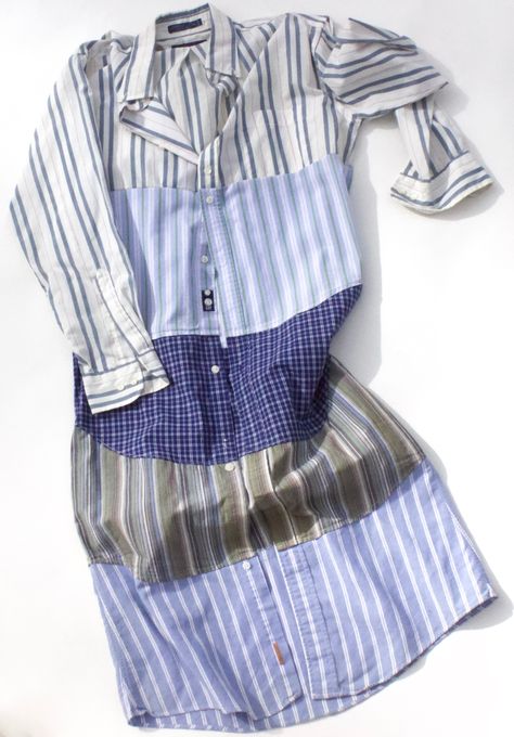 Blue Stripes Dress made with men's shirttails sewn to the hem of each. Upcycling Mens Dress Shirts, Upcycle Mens Button Up Shirt, Mens Shirt Upcycle Woman, Upcycle Button Down Shirt Diy, Men’s Shirt Refashion, Upcycling Shirts Ideas, Men’s Shirt Upcycle, Upcycling Shirts Mens, Upcycled Button Up Shirt