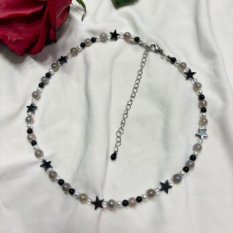 chrome black and white star themed necklace! made with stainless steel clasp + chain.  the necklace clasps from 16 - 20 inches Y2k Beaded Necklace, Grunge Star, Grunge Necklace, Diy Choker, Homemade Necklaces, Enchanted Jewelry, Beaded Chain Necklace, Y2k Necklace, Pretty Jewelry Necklaces