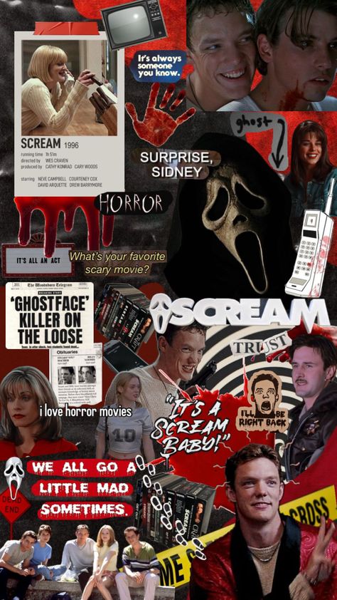 Ghostface Wallpaper Aesthetic, Ghost Face Wallpaper Aesthetic, Classic Horror Movies Posters, Halloween Collage, Movie Collage, Halloween Wallpaper Iphone Backgrounds, Trippy Iphone Wallpaper, Horror Movies Funny, Ghostface Scream