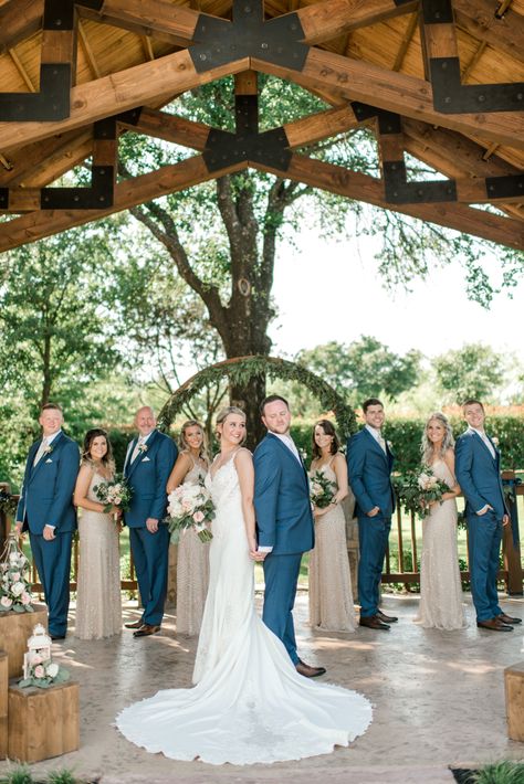 Navy And Champagne Wedding Colors Bridesmaid Dress, Wedding Champagne And Navy, Wedding Navy Suits Bridal Parties, Fall Wedding With Navy Suits, Navy Tan And Pink Wedding, Navy Blue Tux Wedding Color Palettes, Tan Bridesmaid Dresses Navy Suits, Colors That Go With Navy Blue Wedding, Blue Suit Bridal Party