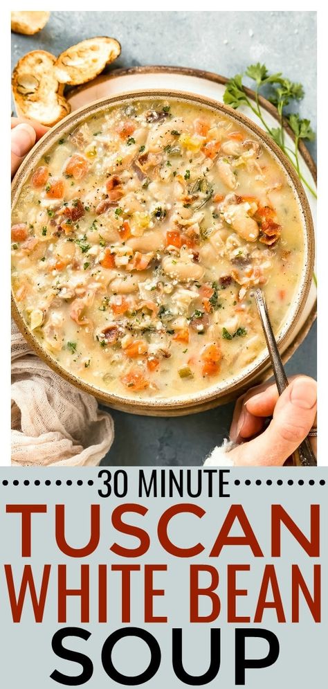 Tuscan White Bean Soup, Tuscan White Bean, Bean And Bacon Soup, White Bean Soup Recipes, Tuscan Soup, Bacon Soup, Zuppa Toscana, Diner Recept, Bean Soup Recipes