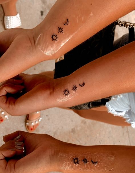 Matching Bff Finger Tattoos, Small Tattoos For Trio, Matching Tattoos For Three Friends, Trio Henna Tattoos, Sun And Moon Tats, Friend Group Tattoos Small For 3, Tattoos For 3 People, Sun Moon And Stars Tattoo Best Friends, Group Of 4 Tattoos