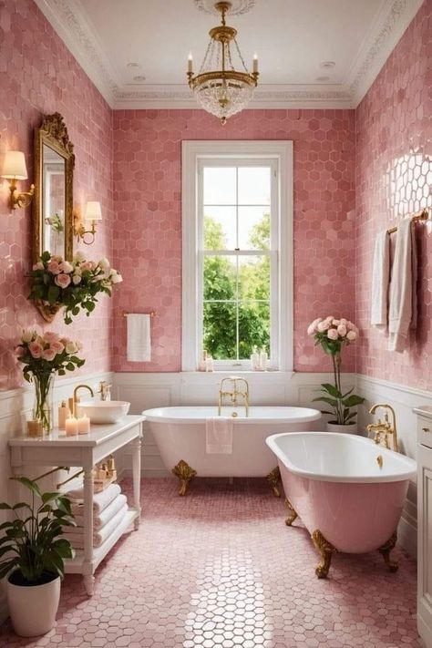 Pink Rustic Bathroom, Pink And Cream Bathroom Ideas, Pink Eclectic Bathroom, Pink Bathroom Small, Pink Half Bath, Old Pink Bathroom, Pink And Green Bathroom Ideas, All Pink Bathroom, Cool Pink Aesthetic