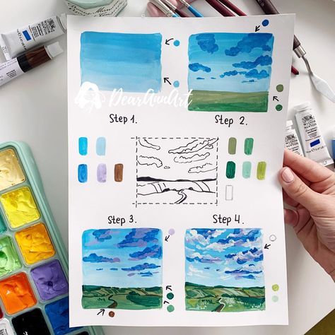 It’s time for a new step-by-step #tutorial ☺️🥰 and this is a landscape paining by using #gouache. Hope it’s helpful 😉🎨. Have a great weekend 🙏🏻 Gouache Art For Beginners, Gouache Painting Techniques, Gouache Sketchbook, Learn Painting, Patina Art, Gouache Tutorial, Easy Art For Kids, Art Mediums, Gouache Paint