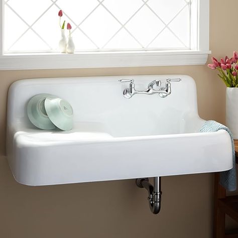 Signature Hardware 349614 42-1/8" Wall Mounted Single Basin Cast Iron Kitchen Sink - Single Bowl Sinks - Amazon.com Farmhouse Sink With Drainboard, Wall Mount Kitchen Sink, Kitchen Sink With Drainboard, Kitchen Sink Drainboard, Cast Iron Farmhouse Sink, Sink With Drainboard, Cast Iron Kitchen Sinks, Vintage Sink, Cast Iron Sink