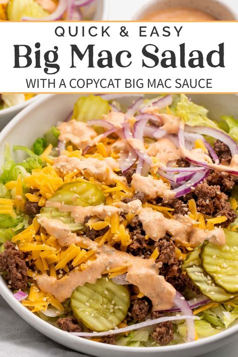 Skip the drive-thru and turn your favorite McDonald's burger into an easy and delicious Big Mac salad! Hearty and satisfying, this low-carb, gluten-free cheeseburger salad has all the flavors and components of a classic Big Mac, including a copycat Big Mac sauce. Plus it's ready to eat in less time than it takes to go to the restaurant and order. Talk about fast food! Mcdonalds Salad, Healthy Mcdonalds, Big Mac Salat, Homemade Big Mac Sauce, Mac Salad Recipe, Homemade Big Mac, Chicken Honey, Big Mac Salad, Burger Salad