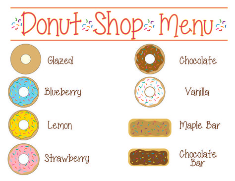 Preschool Dramatic Play Donut Shop Menu Sign by Mandy's Party Printables Preschool Dramatic Play, Play Bakery, Play Menu, Play Preschool, Play Printables, Strawberry Bars, Dramatic Play Printables, Maple Bars, Doughnut Shop