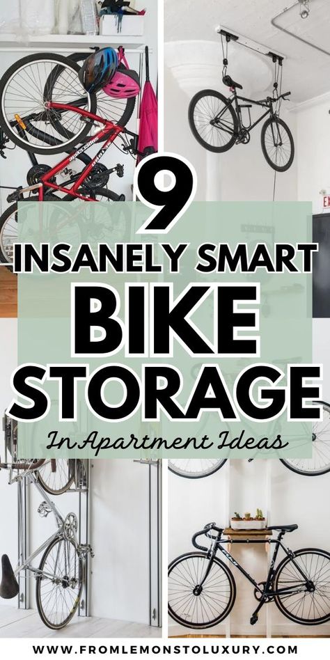 In Home Bike Storage, Hanging A Bike On The Wall, Bike Storage Apartment Space Saving, Bike Storage Apartment Wall, Storing Bicycles In Garage, Small Apartment Bike Storage Ideas, Bike Hanging Ideas Small Spaces, Hallway Bike Storage, Hanging Bike Storage